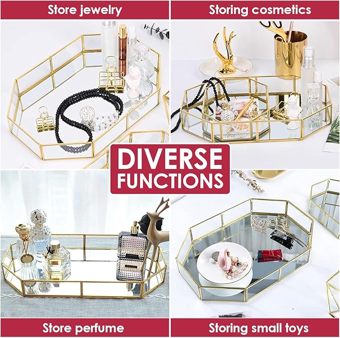 Octagon Vintage Gold Mirror Glass Vanity Tray,Ornate Geometric and Brass Plated Display Storage Organizer for Makeup Brushes/Lipstick/Skincare/Perfumes/Beauty Room/Bathroom Accessories