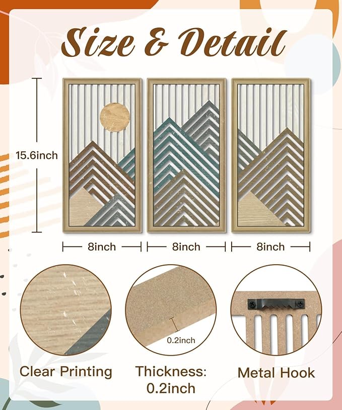 Putuo Decor Mountain Line Wall Art Set of 3, Modern Abstract Nature-Inspired Cut-Out Panels, MDF Wall Decor with Chevron Stripes and Sun Design for Living Room Bedroom Office