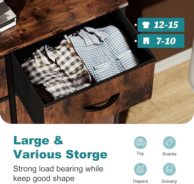 OLIXIS Dresser for Bedroom, 8 Storage Drawers, Tall Large Fabric Storage Tower Organizer, Chest of Drawers with Metal Frame Wooden Top for Nursery, Closet, Living Room, Entryway, Classic Rust Brown
