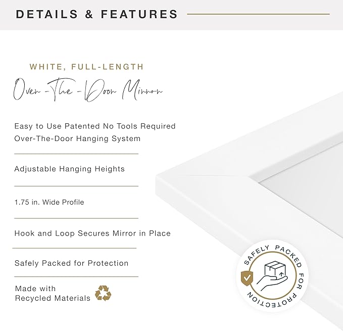 MCS 14.7x50.7 Matte White Over The Door Mirror, Full Length Hanging Mirror for Bedroom & Bathroom Doors, Lightweight Design with Patented No Tools Required Hanging System
