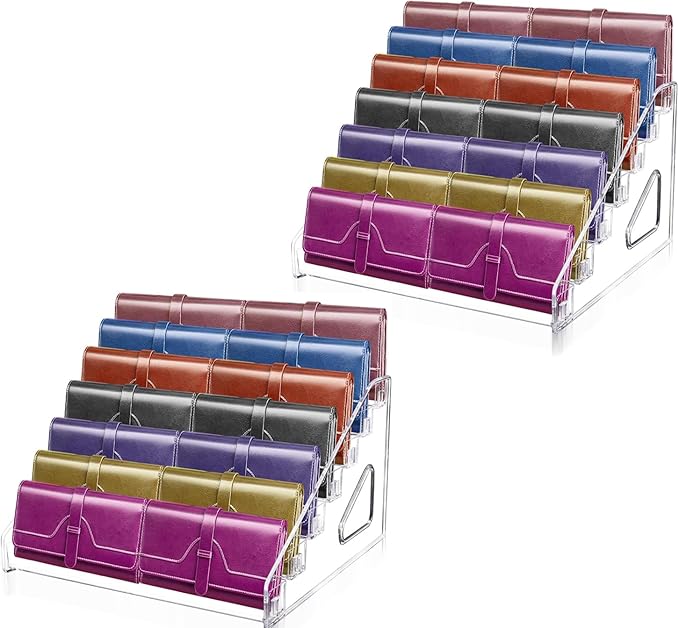 Wallet Display Stand, Acrylic 7-Tier Purse Display Stand, 7.8" Handbag & Perfume Organizer Rack, Cosmetic Jewelry Sunglasses Makeup Accessories Shelf (2 Pack)