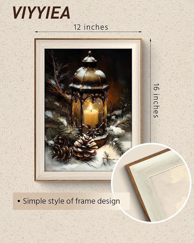 VIYYIEA Winter Framed Wall Art for Living Room, Oil Lamp Canvas Prints, Oil Painting Home Decor, Christmas Picture, Bathroom Wall Decor Gifts for Friends or Family - 16L x 12W