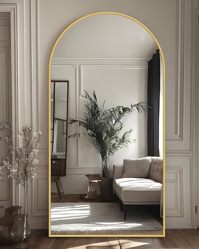 Antok Full Length Mirror, 76"x34" Floor Mirror with Stand, Hanging Mounted Mirrors for Bedroom, Living Room, Cloakroom, Dining Room, Gold, Arched