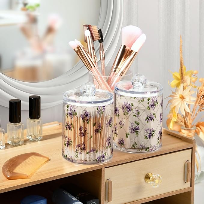 2 Pack Apothecary Jars Vintage Purple Clover Floral Art Bathroom Vanity Storage Organizer Set,Small Clear Plastic Storage Jars Bathroom Canister for Cotton Swabs, Rounds, Balls, Qtips,Makeup Sp