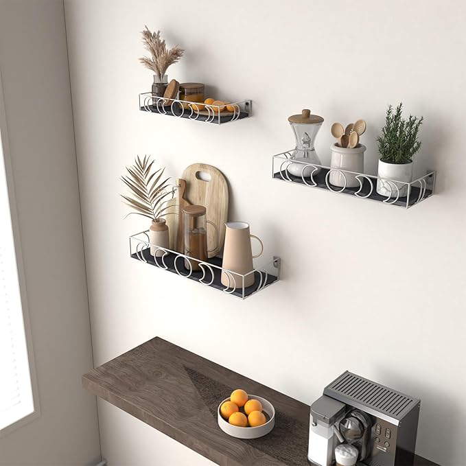 PHAREGE Moon Phase Floating Shelves Black Silver, Set of 3 Small Decorative Wall Shelves for Book Plant Storage, Crystal Figurine Collectibles Display Shelf for Bedroom Kid Room