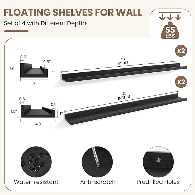 Fun Memories Picture Ledge Shelf, Black Floating Shelves Set of 4, 48 Inch Picture Shelves for Wall with Ledge, Large Nursery Book Shelf for Toys Storage, Living Room, Bedroom Decor Frames
