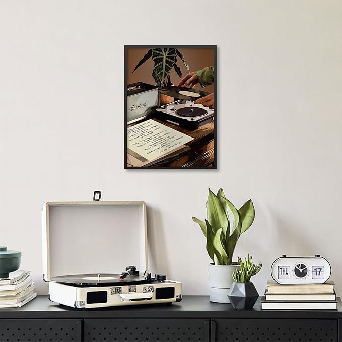Music Record Canvas Poster Vintage Black Girl Fashion Wall Art Abstract African Woman Painting Prints 16X24 inch Black Framed for Bar Bedroom Living Room Wall Decor
