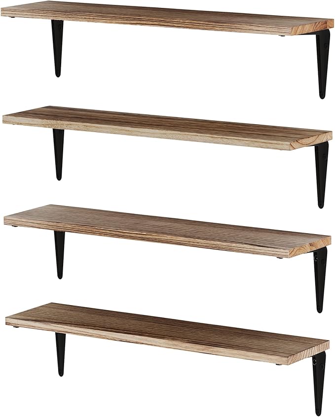 Wallniture Arras 24'' Floating Shelves, Floating Book Shelves, Wall Mounted Rustic Wood Shelf for Living Room, Bathroom Decor, Kitchen, Bedroom, Set of 4 Burnt