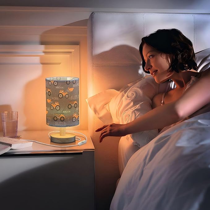 Table Lamp Construction Car Truck Excavator Nightstand Lamp with Wood Base Fabric Lamp Shade Bedside Desk Lamp for Living Room Bedroom Kids Room Office