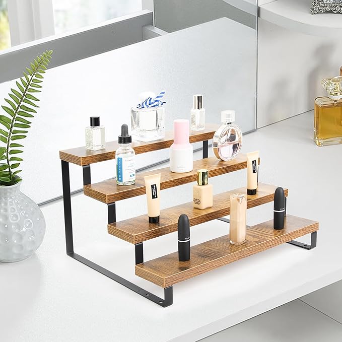 4 Step Wood Countertop Display Riser Stand,Wooden Display Riser Shelf,Spice Rack Organizer,Countertop Display Shelf for Perfume,Makeup,Figure, Bottles,Jars,Baking Supplies (Rustic Brown)