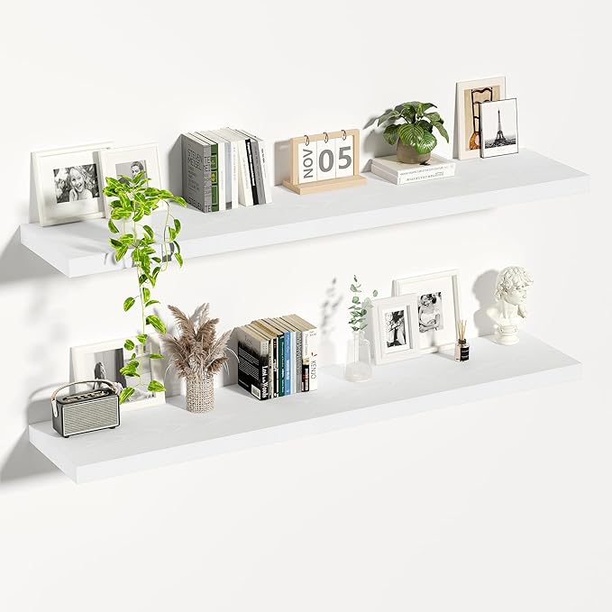 Vivelove White Floating Shelves 12 Inches Deep, 55x12 Floating Shelves for Wall with Invisible Brackets, Room Shelves for Living Room Bedroom Bathroom Kitchen Office, Set of 2 [Wood Grain Texture]