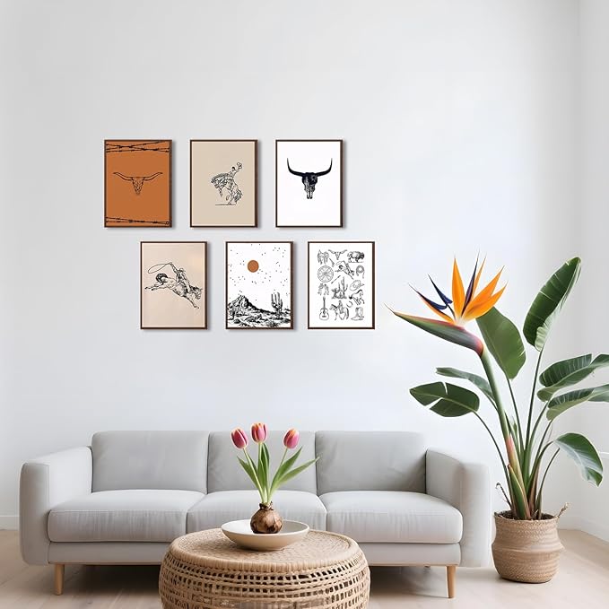 Vintage Western Cowboy Poster Set of 6, Southwestern Wall Art Longhorn Bull Skull Wall Decor Mid Century Retro Desert Canvas Painting Prints for Bedroom Living Room Dorm 12x16 inch Unframed