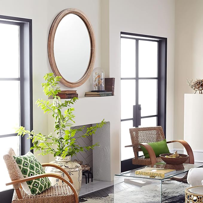 sawsile Round Wood Mirror,36 inch Circle Rustic Farmhouse Natural Wooden Frame Boho Beads Wall Mirror for Bathroom,Living Room,Bedroom or Entryway