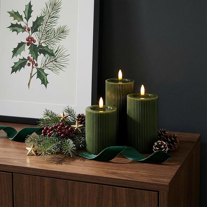 Fluted Ribbed LED Pillar Candles, Loden Green, with Reflective Melted-Wax Effect – Flickering Flame, Remote, Dimmable, Flameless, Battery Operated, Home & Wedding Decor (Set of 3)