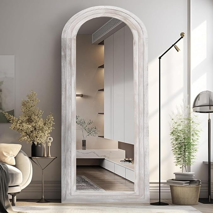 ZHUNFA Arched Full Length Mirror with Solid Wood Frame, 65x22 Farmhouse Wall Mirror Full Length with Stand, Vertical Hanging, Leaning Standing for Bedroom, Living Room, Rustic White