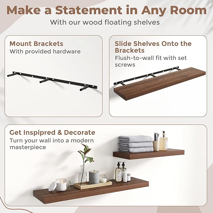 48 Inch Floating Shelves for Wall with Invisible Brackets Set of 2, 9"D Engineered Wood Wall Shelves with Wood Grain for Living Room, Bedroom, Bathroom, Kitchen Decor and Storage, Walnut Finish