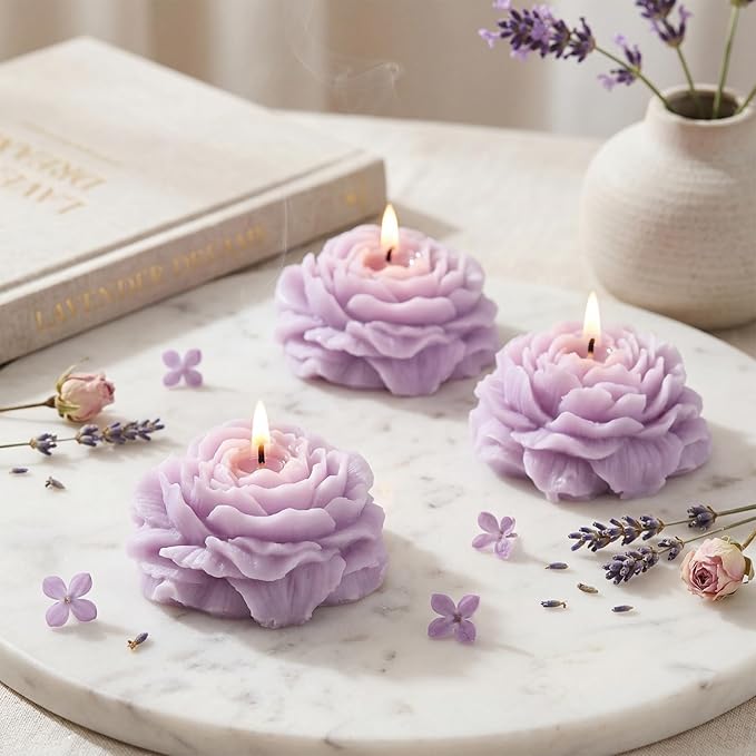 Roowest 3 Pcs Flower Shape Trendy Candles Floral Shaped Aesthetic Candle Soy Wax Handmade Minimalism Decorative for Home Spa Yoga Decor Art Gift (Purple)