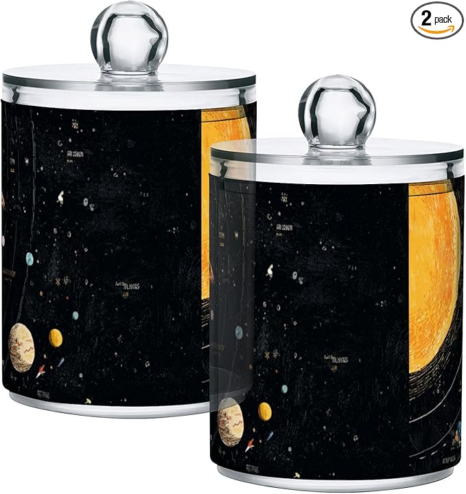 2 Pack Apothecary Jars Colorful Solar Galaxy Bathroom Vanity Storage Organizer Set,Small Clear Plastic Storage Jars Bathroom Canister for Cotton Swabs, Rounds, Balls, Qtips,Makeup Sponges, Flos