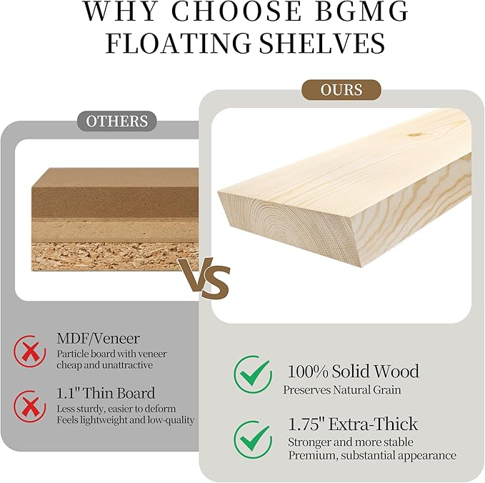 BGMG Wood Floating Shelves for Wall 60 inch Set of 2,Black Floating Shelves,Solid Wood Wall Mount Shelves for Living Room Bedroom Kitchen Farmhouse -60x6.7x1.75 inch