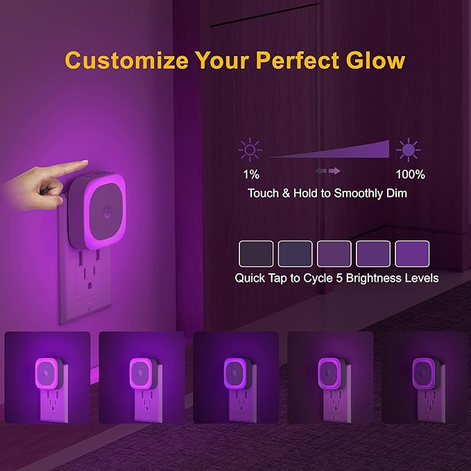 YUNLEX 2 Pack Plug in Night Light with Motion Sensor & Dusk to Dawn Sensor, 3 Sensor Modes, Purple Night Lights Plug into Wall, Dimmable Calming Glow for Meditation, Relaxation, Bathroom, Bedroom