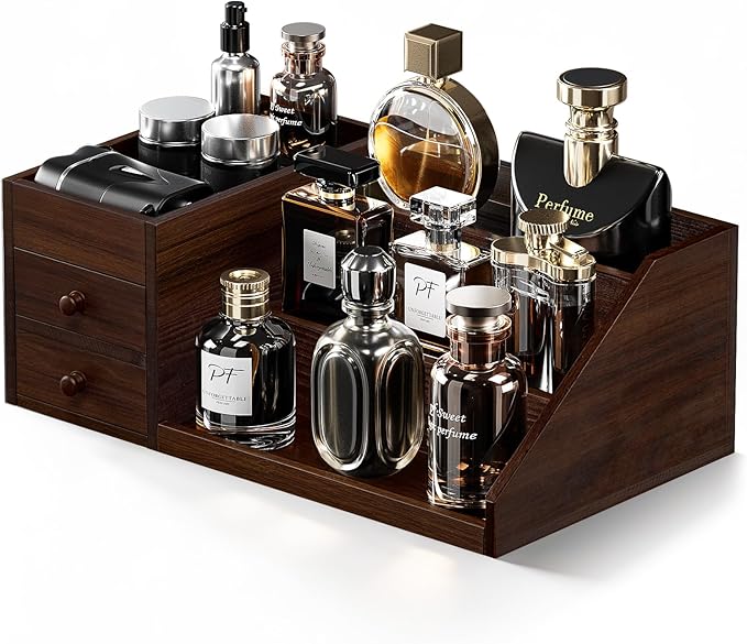 ProCase Wooden Cologne Organizer for Men, 3-Tier Elevated Wood Perfume Storage Display Shelf with Drawers, Dresser Storage Stand Riser for Fragrance Skin Care, Gift for Boys Men Dad Husband -Brown