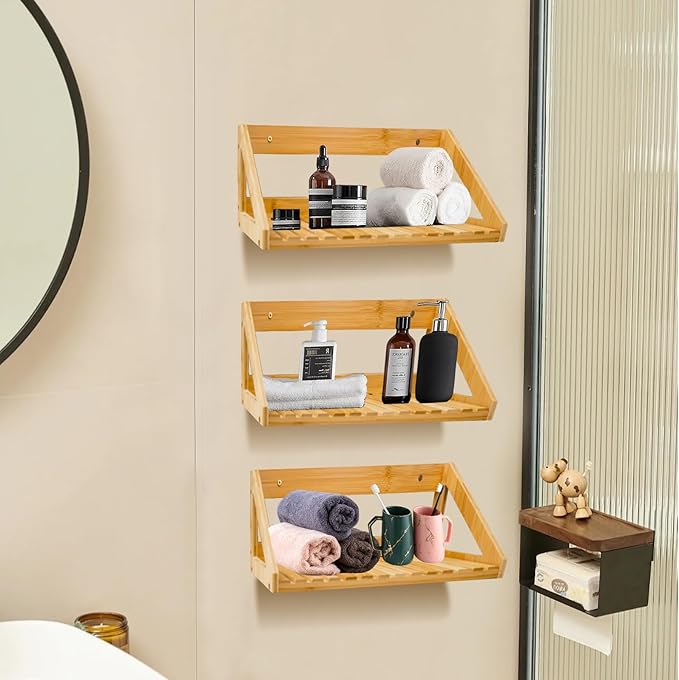 Floating Shelves Wall Mounted, 3 Pcs Solid Bamboo Wall Hanging Rack Holder, Wall Storage Shelves for Bedroom, Living Room, Bathroom, Kitchen, Office Decor