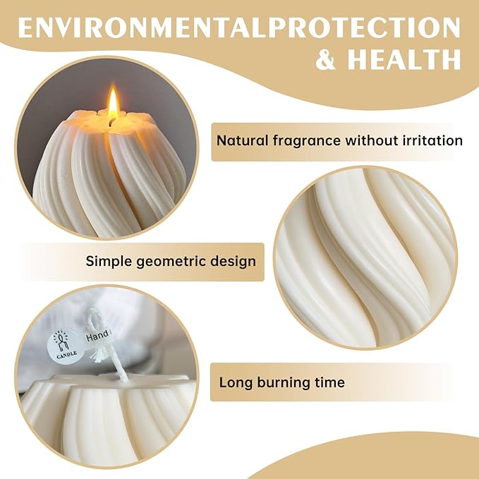 Spiral Swirl Candle Beautiful Handmade Pillar Scented Soy Decorative Candles Beautiful Bubble Aesthetic Candle Housewarming Gift Home Room Shelf Decor Idea (White Large)