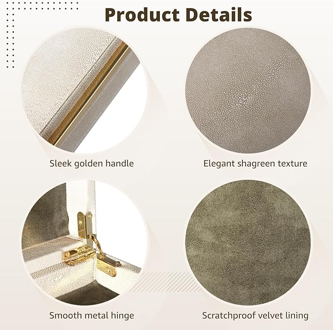 3 Pcs Ivory Shagreen Boxes, PU Leather Watch Jewelry Organizers with Velvet Lining, Golden Handles Decorative Boxes, Modern Nesting Storage Boxes for Dresser, Shelf, Closet