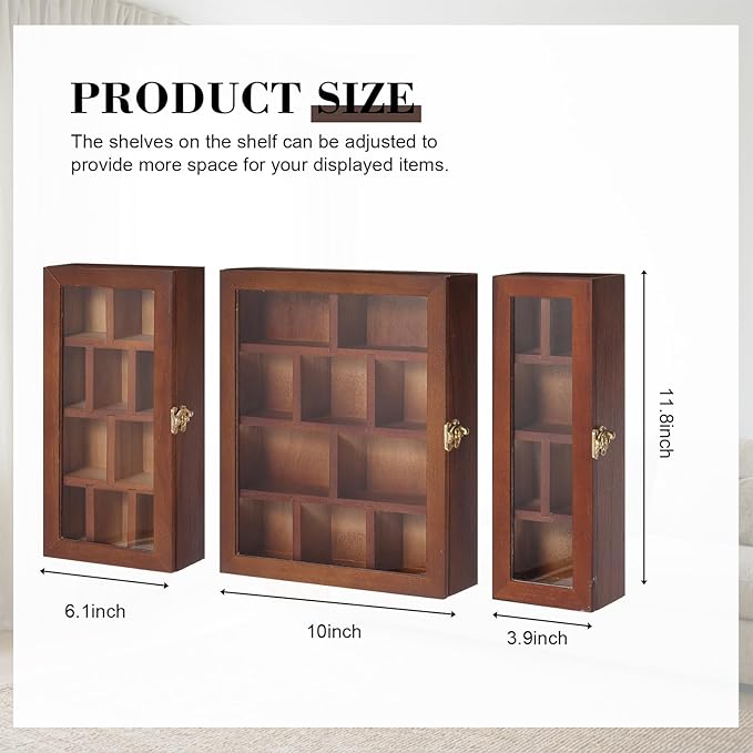 DoubleFill Set of 3 Wooden Trinket Display Shelf Shadow Box with Shelves 10 x 15 Inch Large Wall Mounted Display Storage Mini Figures Curio Trinket Medals Crafts Collections(Brown,Box Shape)