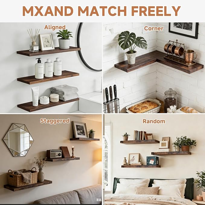 Easy Install Floating Shelves, 15.7 Inch Wall Mounted Wooden Shelf, Small Hanging Shelf for Home Decor, Books and Storage, Organizer for Bedroom, Bathroom, Kitchen, Set of 3, Vintage Brown