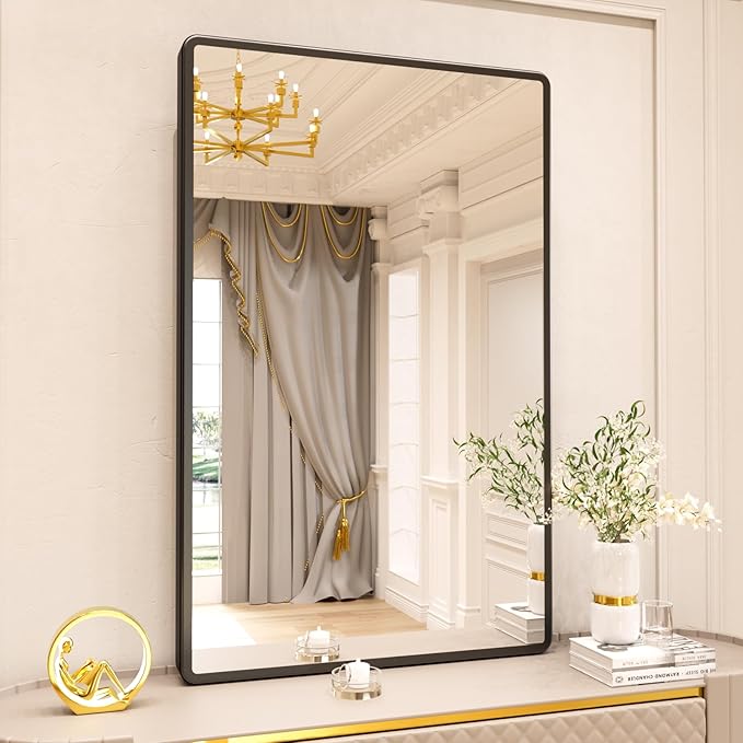 pertetey New Upgrade Bathroom Mirror, 48X30 Inch Black Metal Frame Wall Mounted Rounded Rectangle Bathroom Vanity Mirror with Tempered Glass for Washroom Bedroom Living Room