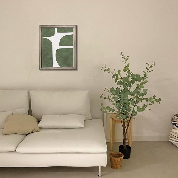 Vintage Framed Green and White Abstract Wall Art Mid Century Minimalist Contemporary Painting for Room Decor