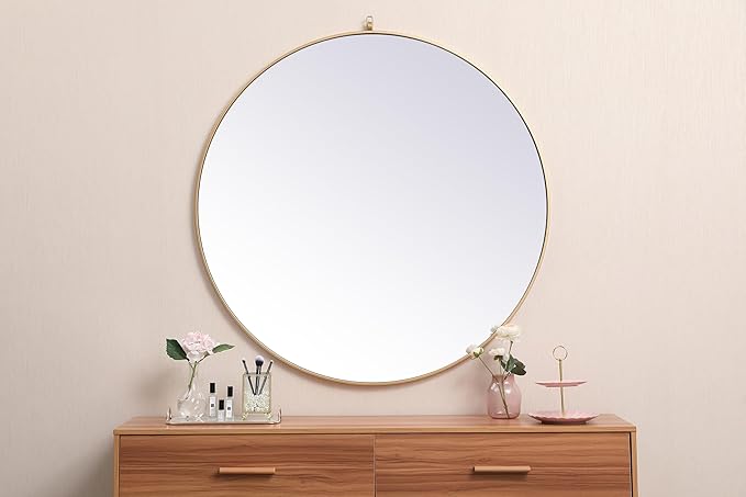 Brilliance, Metal Frame Round Mirror with Decorative Hook 45 Inch in, Midcentury Modern, Brass
