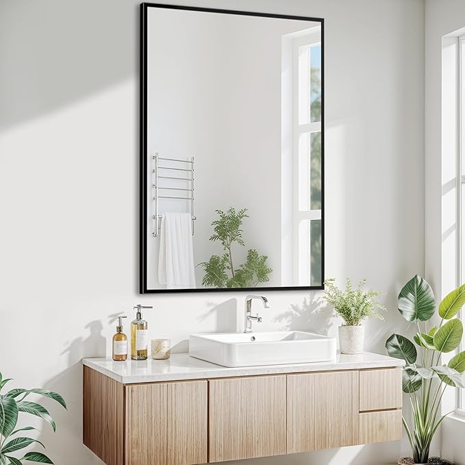 Antok 24x36 Black Metal Framed Bathroom Mirror, Wall Mirror with Rect Corners, Vanity Mirror for Over Sink, Anti-Rust Tempered Glass, Horizontal/Vertical Hanging for Bathroom, Living Room, Entryway
