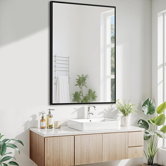 Antok 24x36 Black Metal Framed Bathroom Mirror, Wall Mirror with Rect Corners, Vanity Mirror for Over Sink, Anti-Rust Tempered Glass, Horizontal/Vertical Hanging for Bathroom, Living Room, Entryway