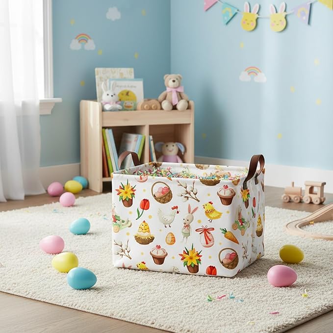 Large Rectangular Cute Kid Easter Basket Empty Bunny Eggs Easter Basket Gift Spring Room Storage Organizer Décor (E-14)