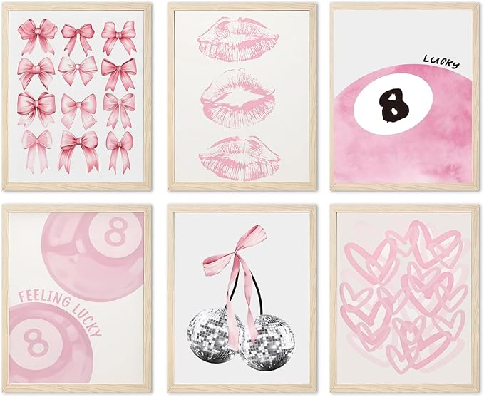 Cute Pink Girl Poster Set of 6, Light Pink Coquette Wall Art Trendy Lucky 8 Ball Wall Decor Paintings Pastel College Apartment Bedroom Living Room Dorm 12x16 inch Unframed