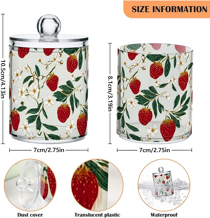 2 Pack Apothecary Jars Cheerful Strawberry Star Pattern Bathroom Vanity Storage Organizer Set,Small Clear Plastic Storage Jars Bathroom Canister for Cotton Swabs, Rounds, Balls, Qtips,Makeup Sp