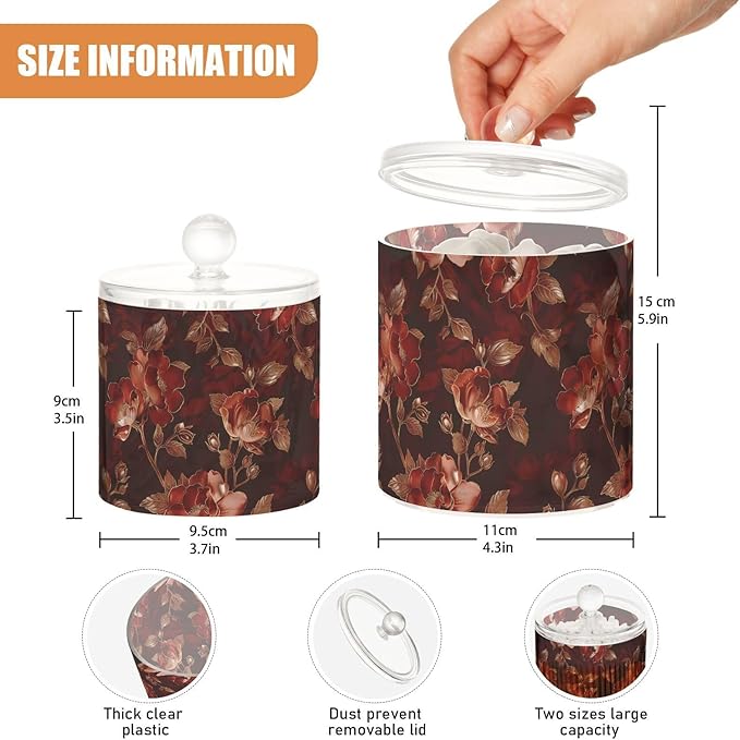 Reddish-brown Vintage Flowers Clear Plastic Makeup Organizer Storage with lid Pantry Essentials Decorative Dental floss storage jar for Cotton Swabs,Cotton Pads,Floss Picks,Paper Clips,Hair