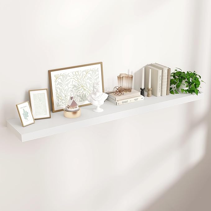 Venusmiles Floating Shelf for Wall 55 inch Long, Engineered Wood Large Wall Shelves with Invisible Brackets for Living Room Bedroom Bathroom Office Kitchen Decor and Storage, White Finish, Set of 1