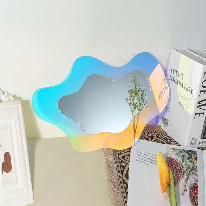 Irregular Wall Mirror Wavy Acrylic Rainbow Mirror Room Decor Aesthetic Mirrors Amorphic Vanity Retro Mirrors for Bedroom Living Room Bathroom Entryway Wall Decor ( Clouds Style, 15.5 x 10.5 Inches )