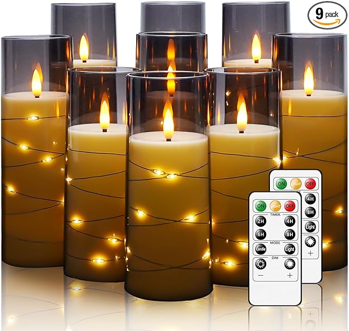Nimiko Flickering Flameless LED Candles, 9 Pcs with Embedded Star String, Acrylic LED Pillar Candles with Remote, Suitable for Home Decoration (Grey)