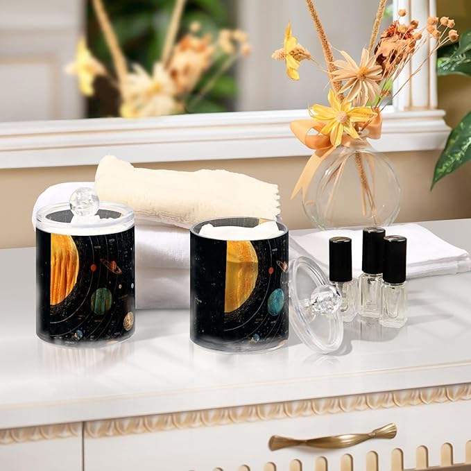 2 Pack Apothecary Jars Colorful Solar Galaxy Bathroom Vanity Storage Organizer Set,Small Clear Plastic Storage Jars Bathroom Canister for Cotton Swabs, Rounds, Balls, Qtips,Makeup Sponges, Flos