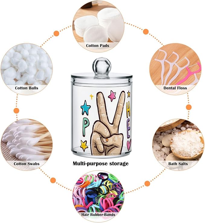 2 Pack Apothecary Jars Peace Love Yard Bathroom Vanity Storage Organizer Set,Small Clear Plastic Storage Jars Bathroom Canister for Cotton Swabs, Rounds, Balls, Qtips,Makeup Sponges, Flossers,B