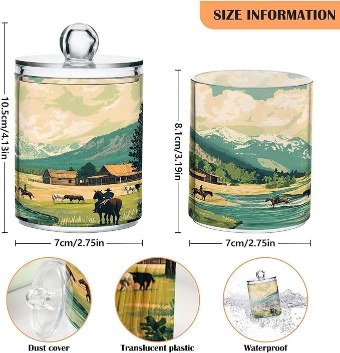 Nander 2Pack Western Style Cowboy Horseback Riding Qtip Holder Dispenser -Clear Plastic Apothecary Jars Set - Restroom Bathroom Makeup Organizers Containers for Cotton Swab, Ball, Pads, Floss
