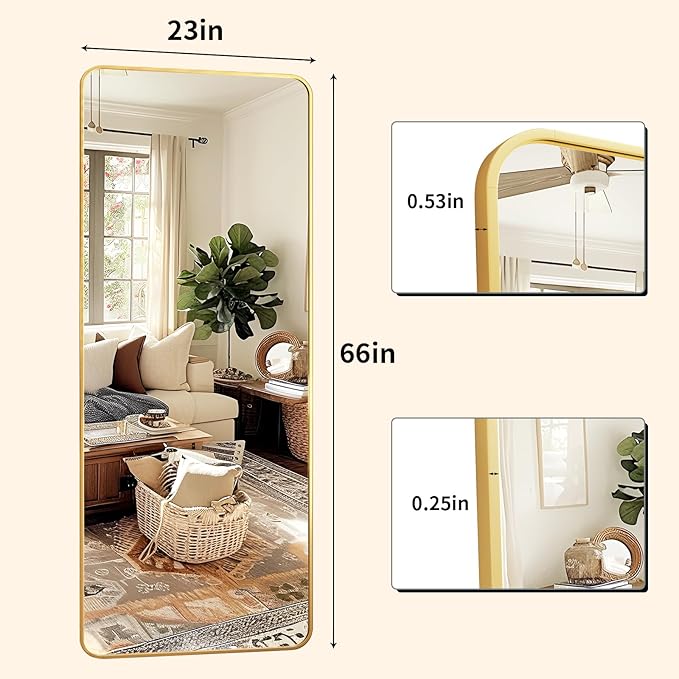 XRAMFY Full Length Mirror 23"x66", Large Floor Mirror with Rectangle Rounded Corners, Gold Aluminum Alloy Frame, Wall Mirror for Full Body