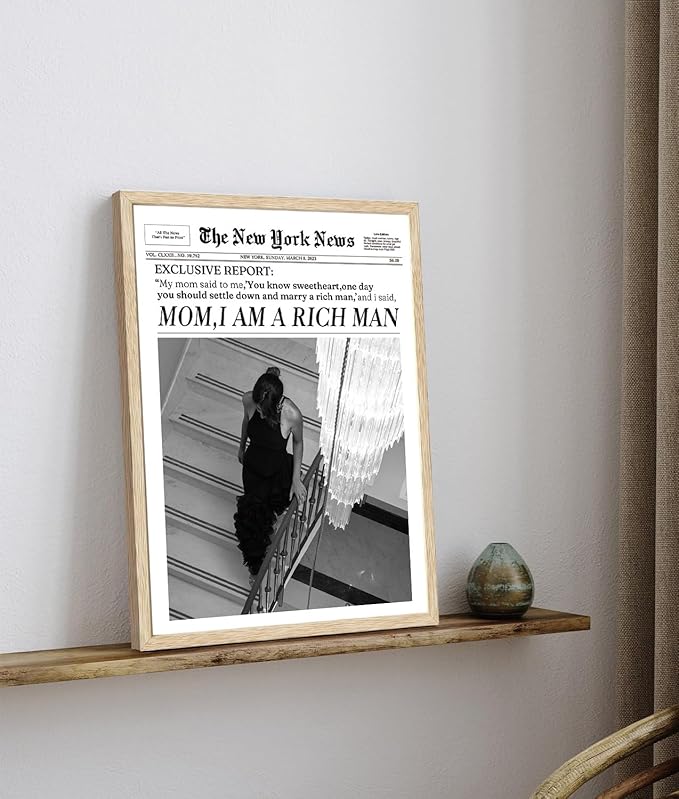 Bwodke OAK Wood Framed Wall Art Mom I Am a Rich Man Canvas Art Trendy Newspaper Pictures Independent Women Wall Decor Vintage Magazine Prints Funky Girl Artwork for Girly Dorm Bedroom 12"x16"