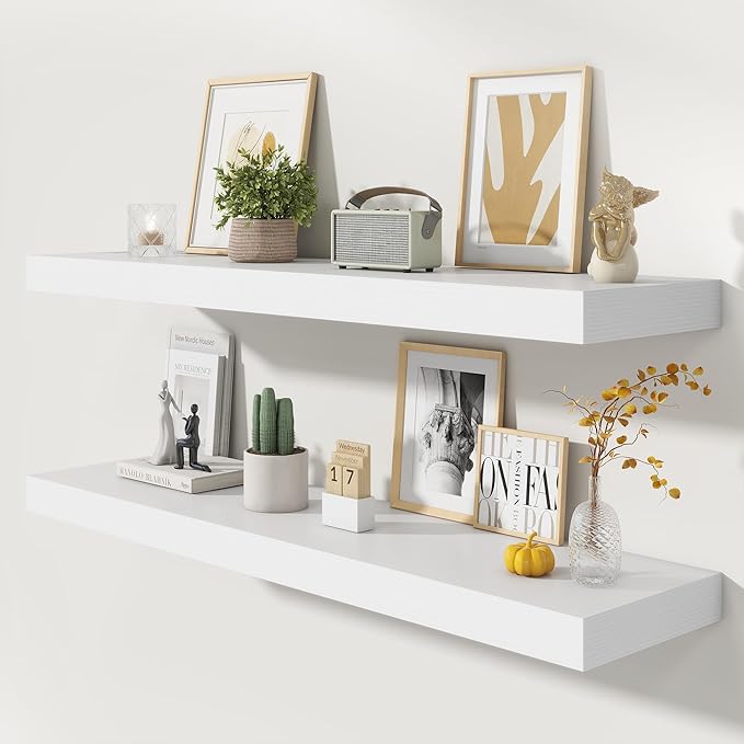 FLYJOE 48 Inch Floating Shelves | 12 Inch Deep White Floating Shelves Set of 2 | 48" W x 12" D White Wood Wall Shelves for Bathroom Living Room Kitchen Laundry Room