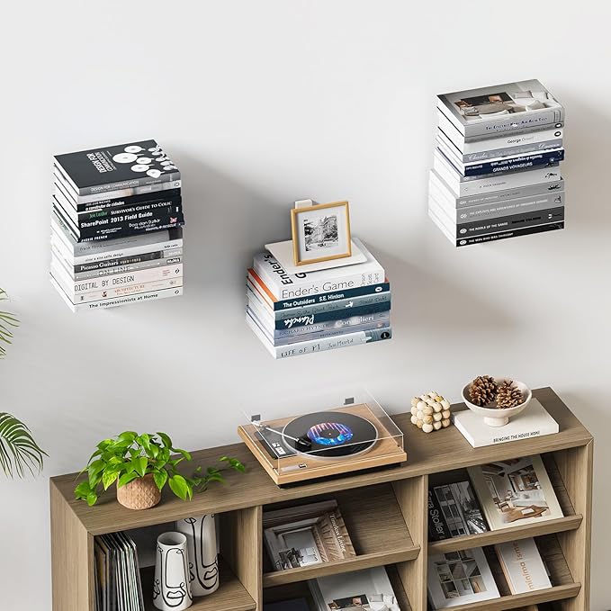 Floating Book Shelves for Wall, 2 Tier Invisible Floating Bookshelf, Vertical Spine Book Tower, Wall Mounted & Space Saving, Heavy Duty Metal Book Organizer for Home Office, 1 Pack White