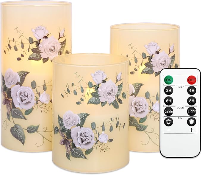 Flameless Candles with Remote & Timer, Love Theme Battery Operated Flickering Glass Rose LED Candles, Bedroom Home Christmas Valentine's Day Decor Table Ornament, Set of 3